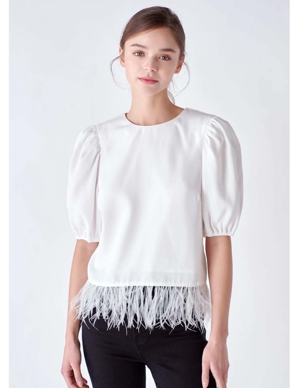 English Factory White Puff-Sleeve Top with Feather Trim